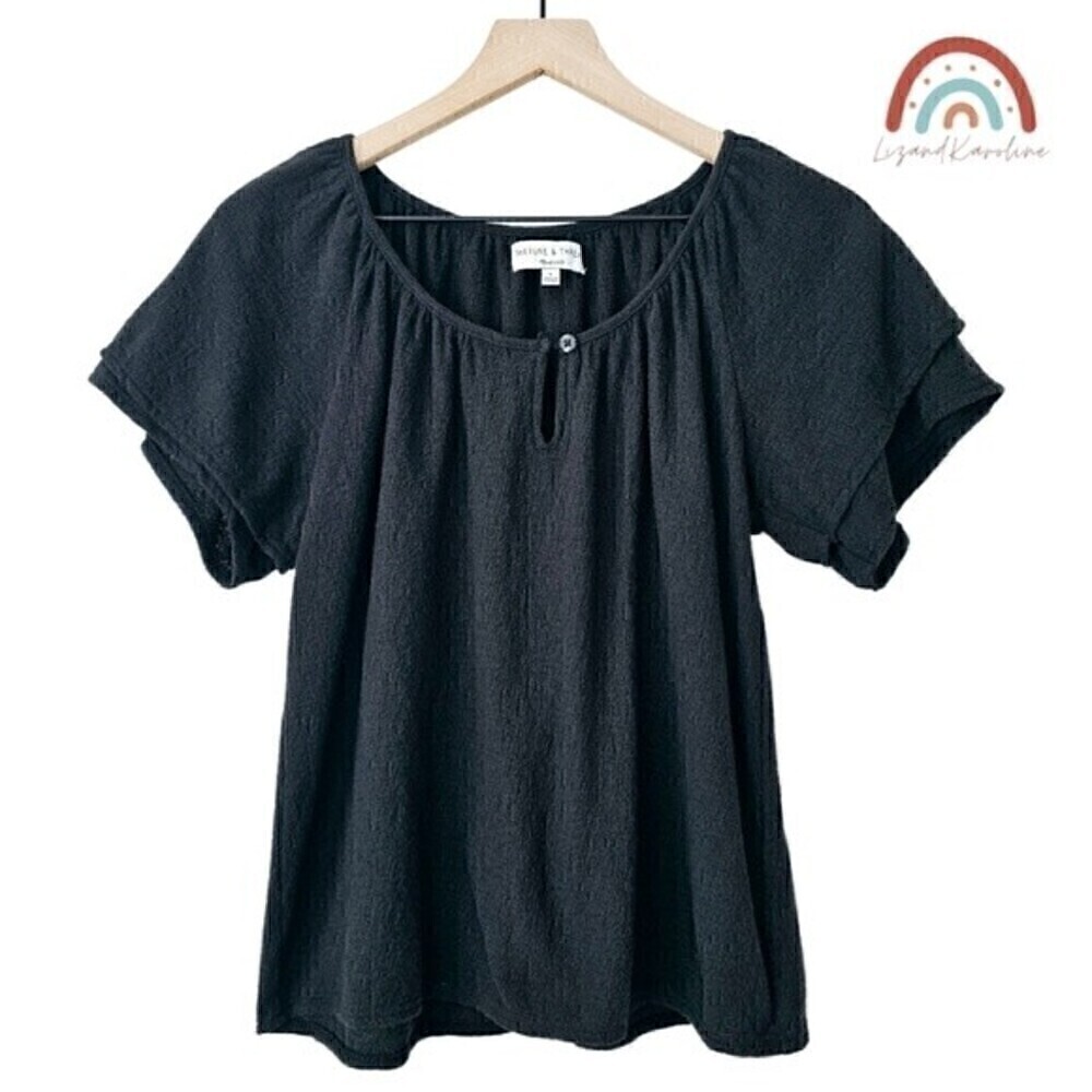 Madewell Texture & Thread Boho  Tiered Ruffle Sleeve Peasant Black Blouse Top